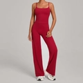 Women's burgundy yoga set with slim camisole top and high waisted wide leg pants - Ruby Red