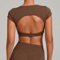 Set yoga donna con top a maniche corte scoperto sulla schiena e leggings marrone scuro - XS / Marrone scuro