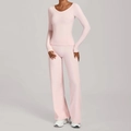 Rosa Yoga-Set mit Langarmshirt und hoch taillierter Schlaghose für das Fitnesstraining - Ballett-Puder