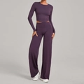 Ensemble de yoga deux pièces violet foncé avec haut court à manches longues et pantalon large - XS / Violet Raisin