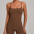 Tight-fitting coffee brown yoga tank top and high-waisted leggings set for fitness - XS / Tops / Dark Brown