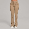 Women's high waist yoga flare pants with decorative seams in earthy khaki color - S / Clay Brown