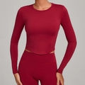 Slim fit long sleeve yoga set in wine red with high waist leggings for fitness - Ruby Red