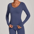 Eng anliegendes Langarm-Yoga-Top und Leggings-Set aus atmungsaktivem nebelblauem Stoff - XS / Granitblau