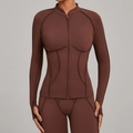 Ensemble de yoga marron café pour femme avec veste à col montant et legging taille haute - Café