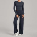 Ensemble de yoga deux pièces gris foncé avec haut court à manches longues et pantalon large - XS / Haut Et Bas / Bleu Vert Foncé