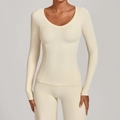 Damen Yoga-Set in Cremeweiß mit langärmeligem Oberteil und High-Waist-Leggings - XS / Cremefarbene Aprikose