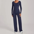 Damen Yoga-Set in Dunkelblau mit hochtaillierter weiter Hose und langärmeligem Oberteil - Dunkelblaugrün
