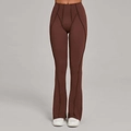 Coffee brown high waisted flared yoga pants with decorative stitching and split seams - Coffee
