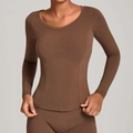 Haut de yoga marron à manches longues coupe ajustée avec col rond et coutures courbes - Brun Foncé
