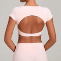 Set yoga rosa con schiena scoperta, maniche corte e leggings a vita alta - XS / Rosa Balletto