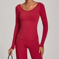 Ensemble de yoga rouge foncé ajusté avec haut à manches longues en tissu élastique sport - Rouge rubis
