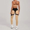 Tweeledige dames yoga set met cross-back sportbeha en bruine patchwork high waist leggings - S / Nude