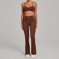 Women's dark brown yoga set with contrast stitching bra and flared leggings - S / Coffee