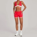 Women's red two-piece yoga set with contrast piping and shorts featuring side pockets - S / Red