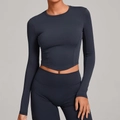 Tight long-sleeved dark blue yoga set with high waist compression leggings for gym fitness - Dark Blue Green