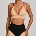 Tweeledige beige en zwarte sportbeha en yoga legging met hoge taille en kleurblokken - S / Nude