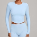 Slim fit light blue long sleeve yoga set with high waist leggings for fitness and running - Sky Blue