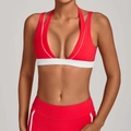 Red halter neck sports bra with white piping and supportive elastic band for yoga fitness - S / Red