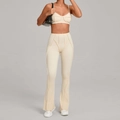 Ensemble de yoga 2 pièces beige avec haut court et pantalon évasé à coutures apparentes - Beige