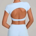 Set fitness celeste con schiena scoperta, top a maniche corte e leggings a vita alta - XS / Celeste