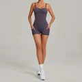 Body da yoga viola scuro con scollo arricciato, spalline e tasche laterali - XS / Viola Melanzana