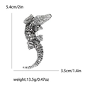 Silver retro crocodile brooch with dark grey rhinestones measuring 5.4cm by 3.5cm - Black