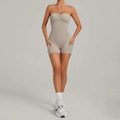 Combinaison de yoga dos nu kaki pour femme avec poches latérales et bustier plissé - Lin