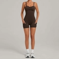 Combinaison de yoga marron foncé pour femme avec poches latérales et texture côtelée - Brun Profond