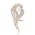 Elegant gold feather brooch featuring a large white pearl and sparkling rhinestones - Gold Wings