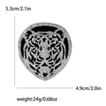 Detailed size view of silver tiger head brooch with rhinestones showing 5.3cm length - Silver