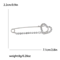 Detail showing dimensions of silver heart safety pin brooch with sparkling rhinestones - Silver