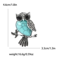 Detail view of vintage owl brooch showing length of 4.6cm and width of 3.3cm - Blue