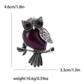 Vintage owl brooch with purple gemstone and silver feather texture, 4.6cm height - Purple