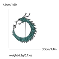 Green rhinestone dragon brooch in gunmetal grey finish with size and weight specs - Green