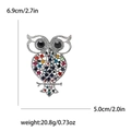 Detail view of the colorful rhinestone owl brooch showing size dimensions 6.9cm and 5.0cm - Colorful