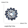 Detailed view of rhinestone flower brooch showing 4.4cm diameter and 29g weight measurements - Blue