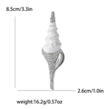 Gedetailleerde maattabel met 8,5 cm hoogte en 2,6 cm breedte van de schelpbrosje - Wit