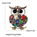 Detailed view of vintage owl brooch with colorful crystals and exact dimensions 4.8cm by 3.8cm - Colorful