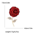 Elegant red fabric rose brooch with gold-tone alloy leaves and rhinestones, 7cm height - Red