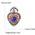 Vintage silver heart brooch with blue gemstone and colorful rhinestones, 7.8cm size - Blue