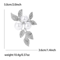 Spilla a foglia vintage con perle e strass, elegante spilla floreale da 5,0 cm - Argento