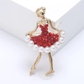 Elegant gold ballerina brooch with red rhinestones and white pearl skirt detail - Red