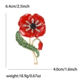 Red enamel poppy flower brooch with green crystals and size measurements in inches - Red