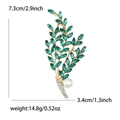 Green crystal leaf brooch with white pearl in gold alloy base, 7.3cm x 3.4cm size - Green