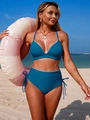 Detail of navy blue bikini with white wavy trim and adjustable drawstring high waist - S / Teal