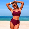 Two-piece wine red bikini swimsuit featuring a ruched tank top and high waist bottom - S / Wine Red