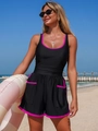 Detail of black one-piece swimsuit with pink trim and functional front pockets - S / Black+Rose Red