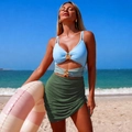 Three-piece bikini set with blue top and green wrap skirt featuring gold floral accents - S / Green Patchwork