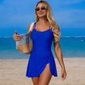 Detail of royal blue one-piece swimsuit with scalloped neckline and pleated waist - S / Royal Blue